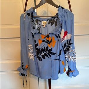 Fig and Flower Blue Floral Boho Blouse Medium | Peasant Top Cottagecore